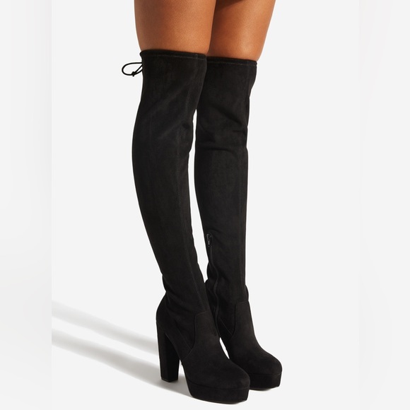 NIB Black Faux Suede Over The Knee Block Heel Boot - Picture 3 of 8